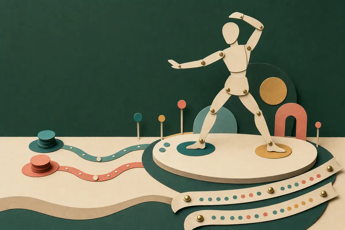 An anonymous jointed paper figure rehearsing on a layered stage beside two colored motion paths.